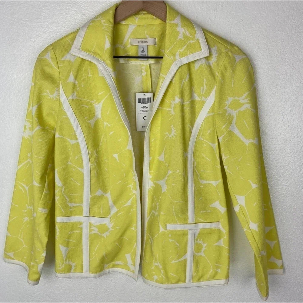 Chico's Blazer Womens Small Yellow Optic Floral Jacket Ceylon Jacket Ladies